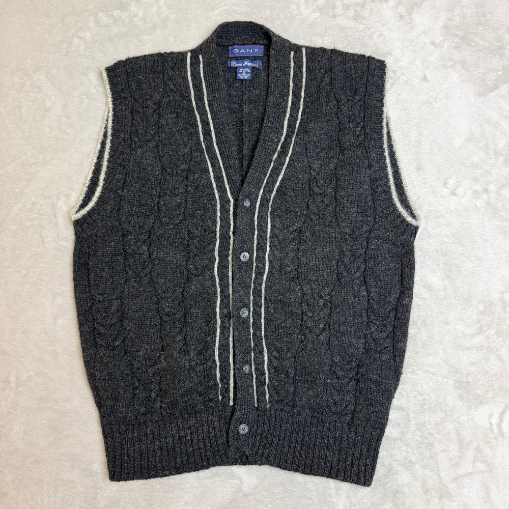 VTG 90s Gant Wool Blend Cardigan Vest Mens XL (Fit M) Gray Hand Framed Cable USA